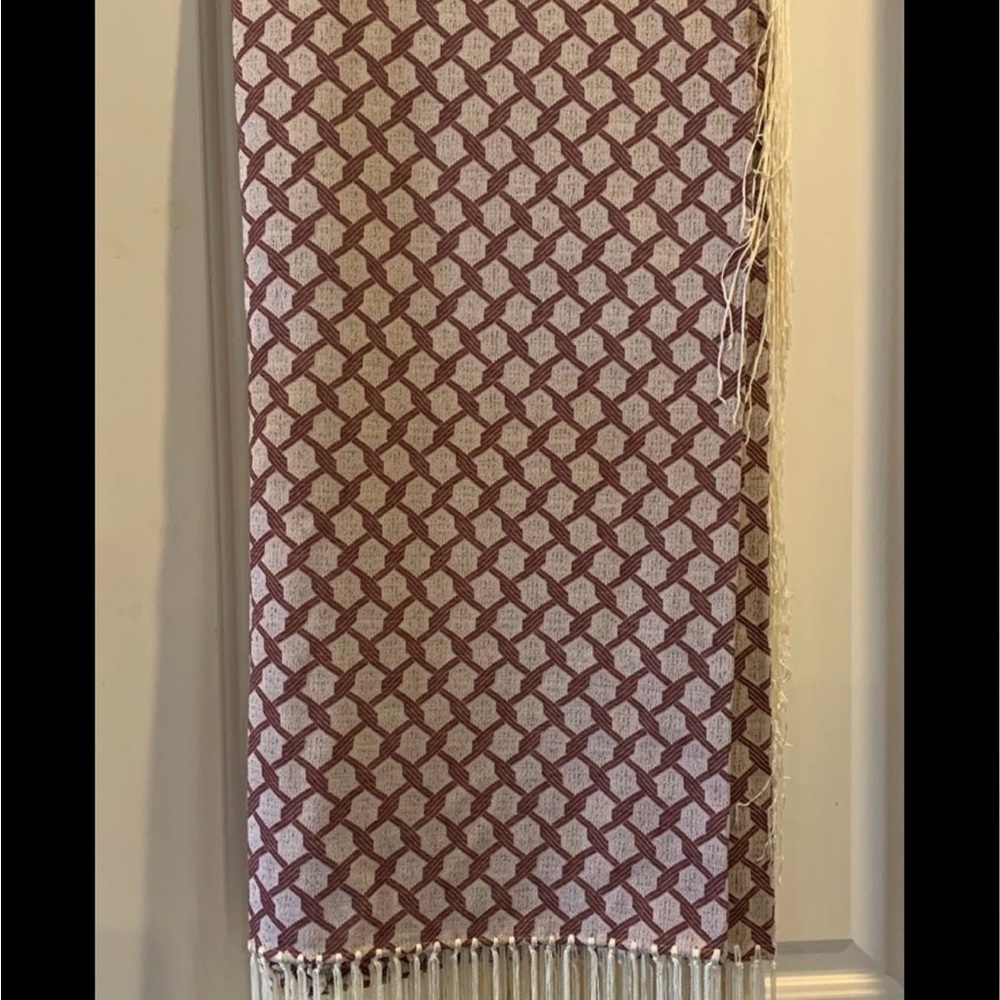 Red and White Patterned Scarf with Fringe